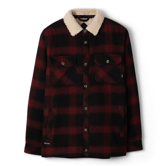 Front view of a man wearing a Saltrock Fisher Borg lined shacket with a dark red and black check pattern outer fabric and a cream body and collar lining.
