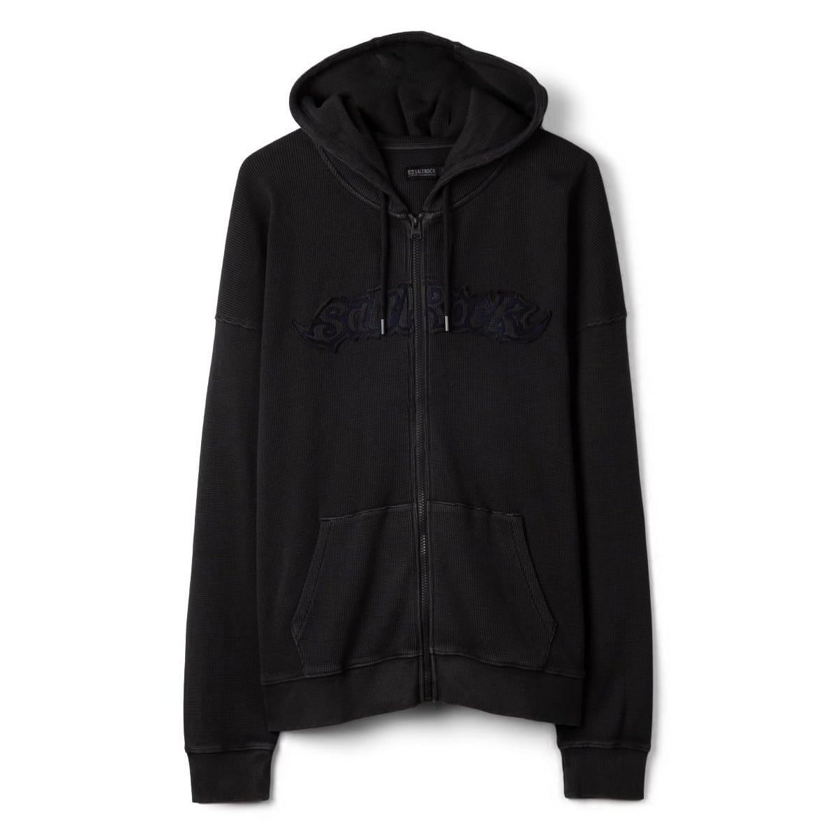 Front view of a Saltrock Heritage Logo oversized full zip hoodie in Dark Grey with a waffle texture.