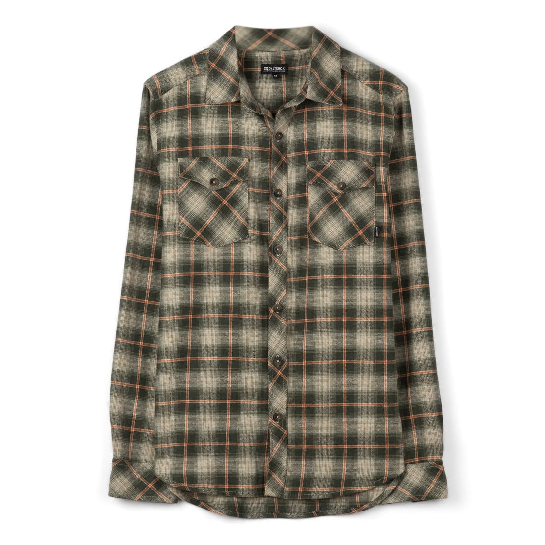 Front view of a mens Saltrock long sleeve Miles flannel shirt in a green and orange check pattern.