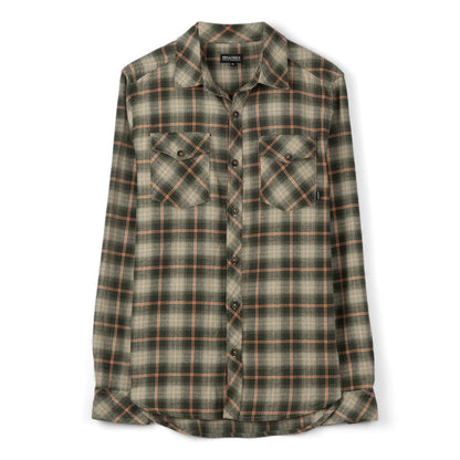 Front view of a mens Saltrock long sleeve Miles flannel shirt in a green and orange check pattern.