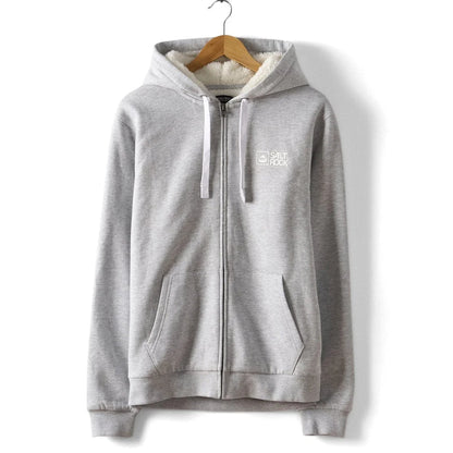 Grey mens faux fur lined Saltrock Original hoodie with a brand logo on a white background