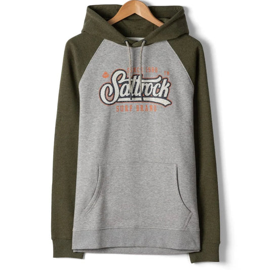 Front view of a grey and green mens Pitcher pop hoodie with 'Saltrock' logo on a white background