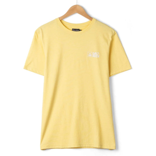 Front view of a mens Saltrock short sleeve Essential t-shirt in light yellow with small chest logo