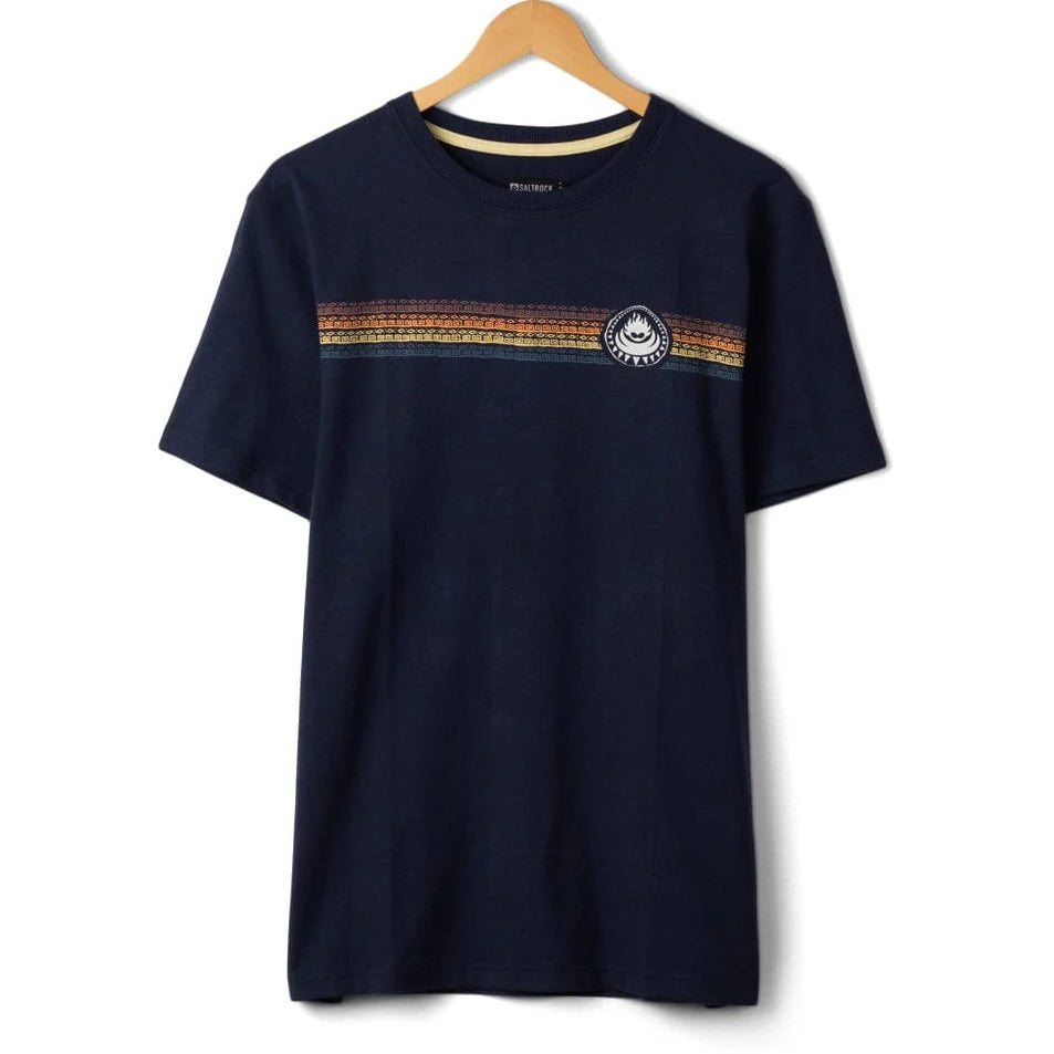 Front view of a mens Saltrock short sleeve Tribal Stripe t-shirt in navy, with a multicoloured stripe print across the chest.