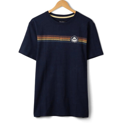 Front view of a mens Saltrock short sleeve Tribal Stripe t-shirt in navy, with a multicoloured stripe print across the chest.