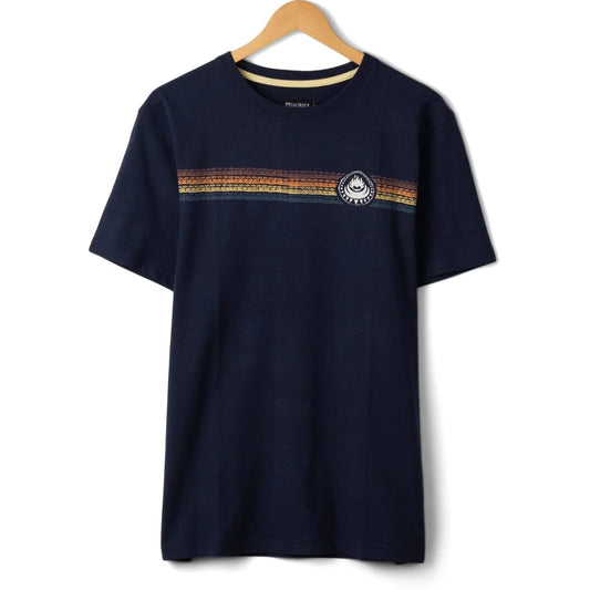 Front view of a mens Saltrock short sleeve Tribal Stripe t-shirt in navy, with a multicoloured stripe print across the chest.