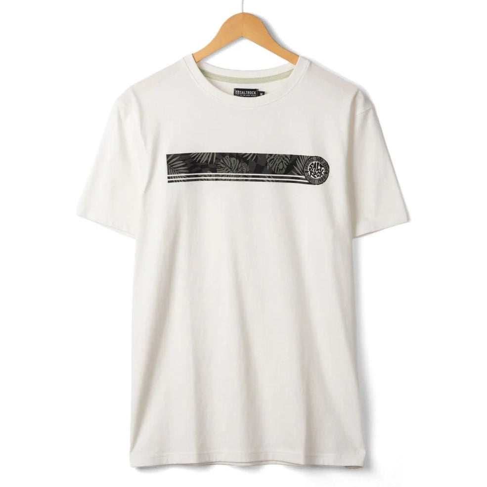 Front view of a mens Saltrock short sleeve Warp Surf Stripe t-shirt in cream with print across the chest