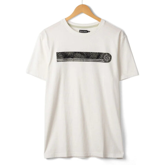 Front view of a mens Saltrock short sleeve Warp Surf Stripe t-shirt in cream with print across the chest