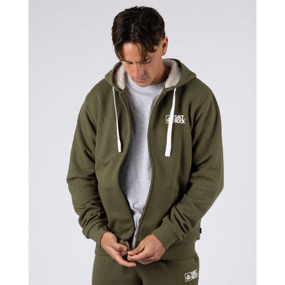 Front view of a man wearing a Saltrock Essential full zip faux fur lined hoodie in khaki green unzipped.