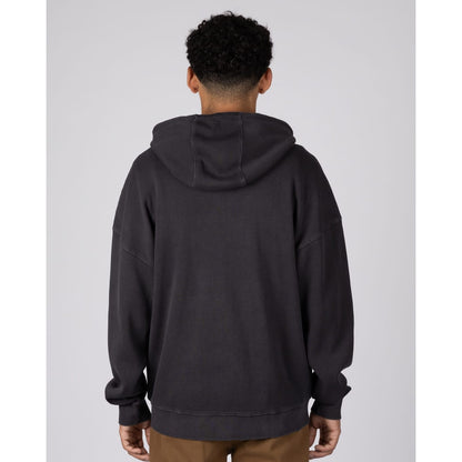 Back view of a man wearing a Saltrock Heritage Logo oversized full zip hoodie in Dark Grey with a waffle texture.