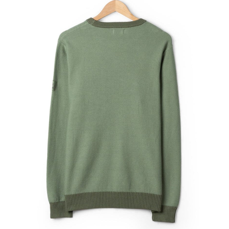 Back view of a mens Saltrock green knitted Callum jumper with ribbed cuffs, hem and neckline