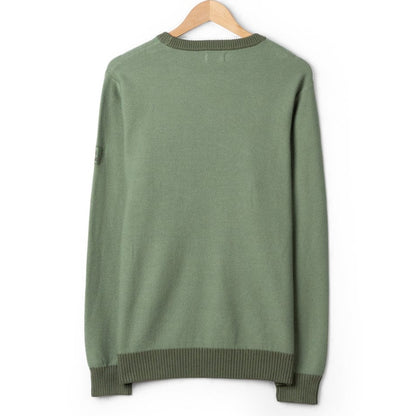 Back view of a mens Saltrock green knitted Callum jumper with ribbed cuffs, hem and neckline