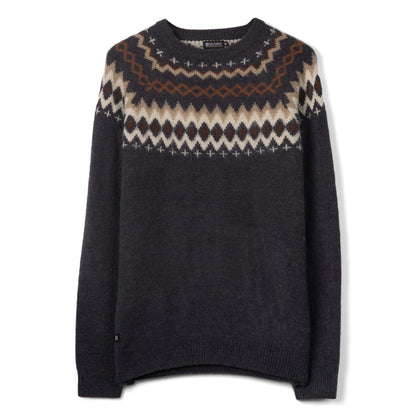 Main front view of a mens Saltrock Fairisle Rock crew neck knitted jumper in blue with a geometric Fairisle style pattern across the chest and shoulders.