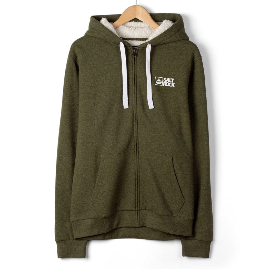 Main front view of a Saltrock mens Essential full zip faux fur lined hoodie in khaki green.