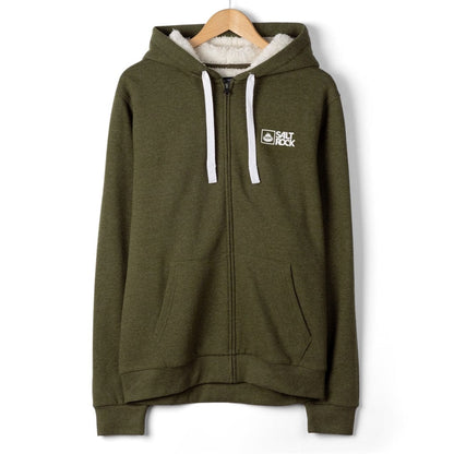 Main front view of a Saltrock mens Essential full zip faux fur lined hoodie in khaki green.