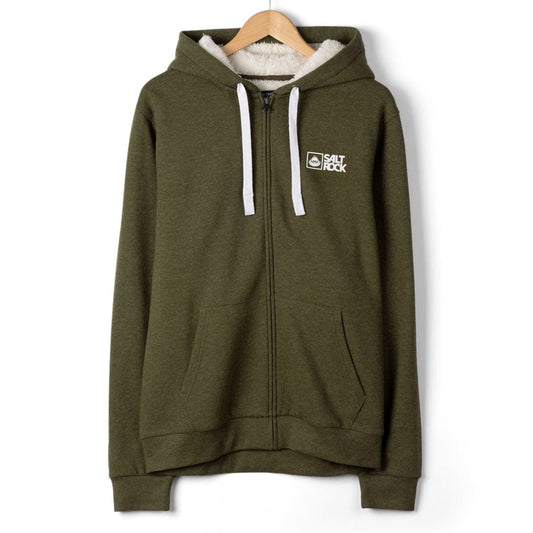 Main front view of a Saltrock mens Essential full zip faux fur lined hoodie in khaki green.