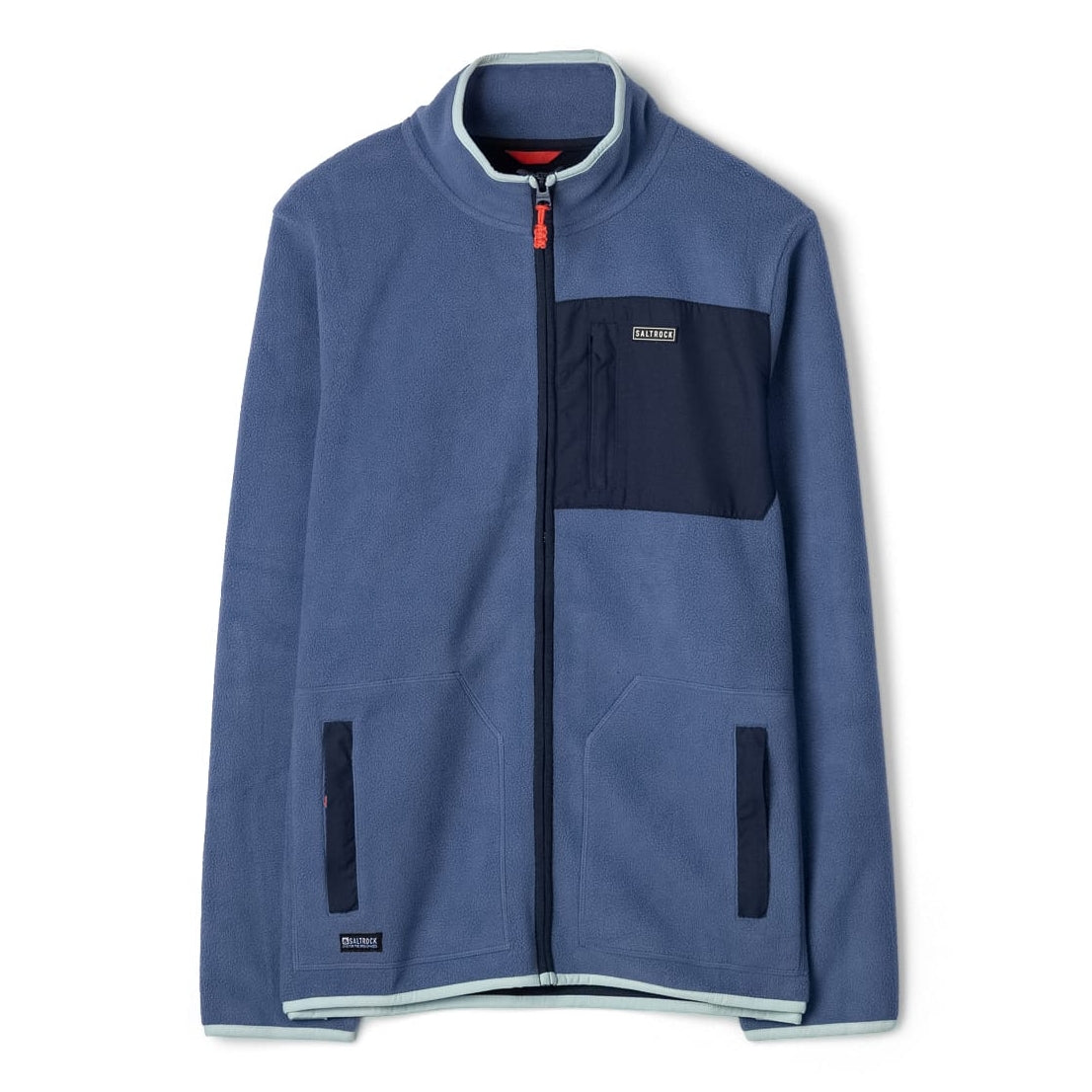 Front view of a Saltrock full zip Leo fleece in blue, with contrasting navy, turquoise and red trim, tummy pockets and one zip pocket on the chest.