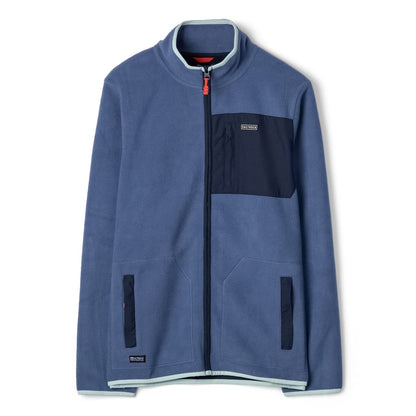 Front view of a Saltrock full zip Leo fleece in blue, with contrasting navy, turquoise and red trim, tummy pockets and one zip pocket on the chest.