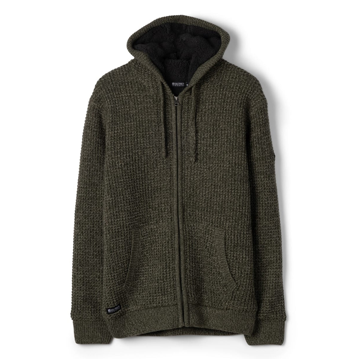 Front view of a Saltrock dark green Markus knitted hoodie with a fluffy navy Borg lining.