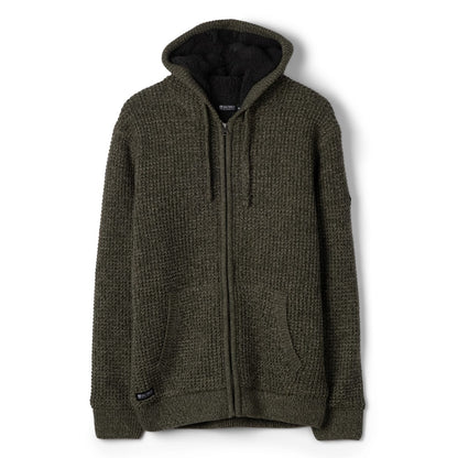 Front view of a Saltrock dark green Markus knitted hoodie with a fluffy navy Borg lining.
