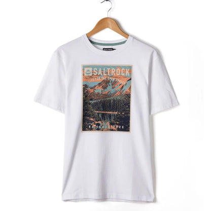 White Saltrock National Park t-shirt with a graphic design on a hanger against a white background