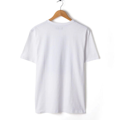 White t-shirt on a wooden hanger against a white background