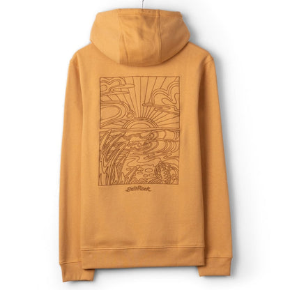 Back view of a mens Saltrock Open Finals Linear pop hoodie in yellow with large embroidered beach design
