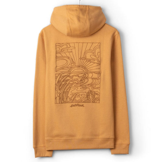 Back view of a mens Saltrock Open Finals Linear pop hoodie in yellow with large embroidered beach design