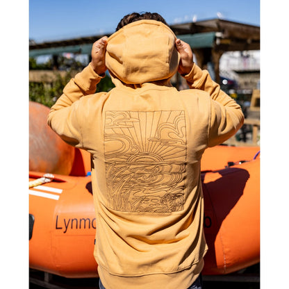 Back view of a man wearing a Saltrock Open Finals Linear pop hoodie in yellow with large beach inspired embroidered design