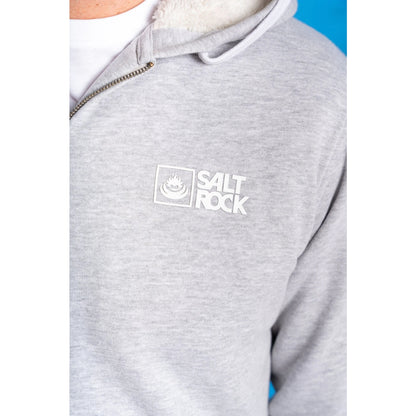 Grey mens faux fur lined zip hoodie with 'Salt Rock' logo on a blue background
