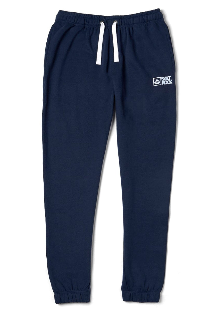 Front view of a pair of mens dark blue Saltrock jogger sweat trousers with drawstring waist on a white background