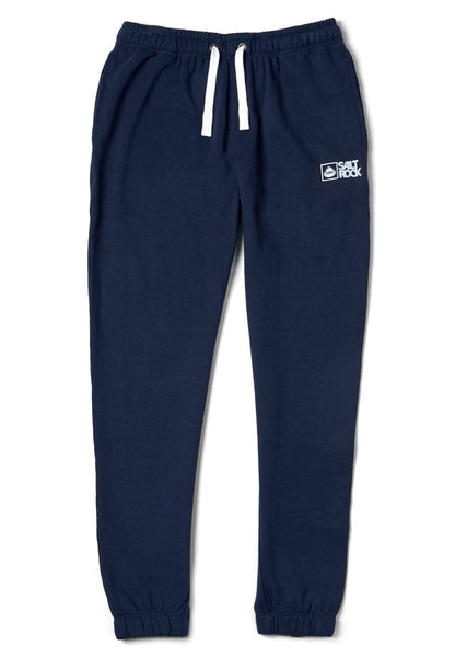 Front view of a pair of mens dark blue Saltrock jogger sweat trousers with drawstring waist on a white background