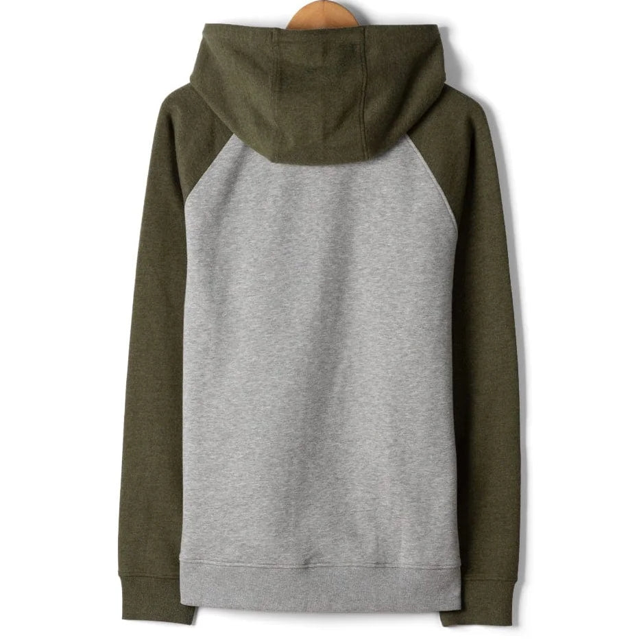 Back view of a mens Saltrock mens Pitcher pop hoodie in grey with dark green raglan sleeves and hood on a white background