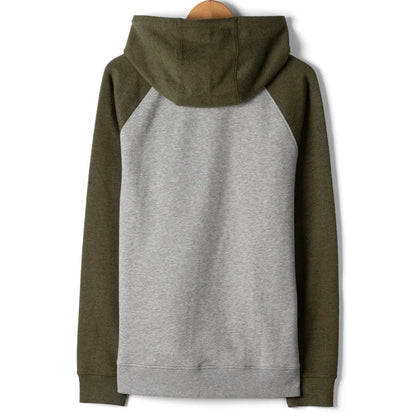 Back view of a mens Saltrock mens Pitcher pop hoodie in grey with dark green raglan sleeves and hood on a white background