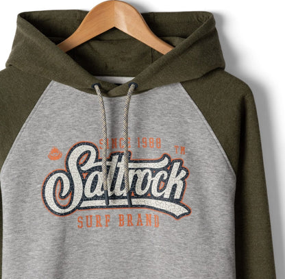 Mens Saltrock Pitcher pop hoodie in grey and dark green with 'Saltrock Surf Brand' logo on a hanger