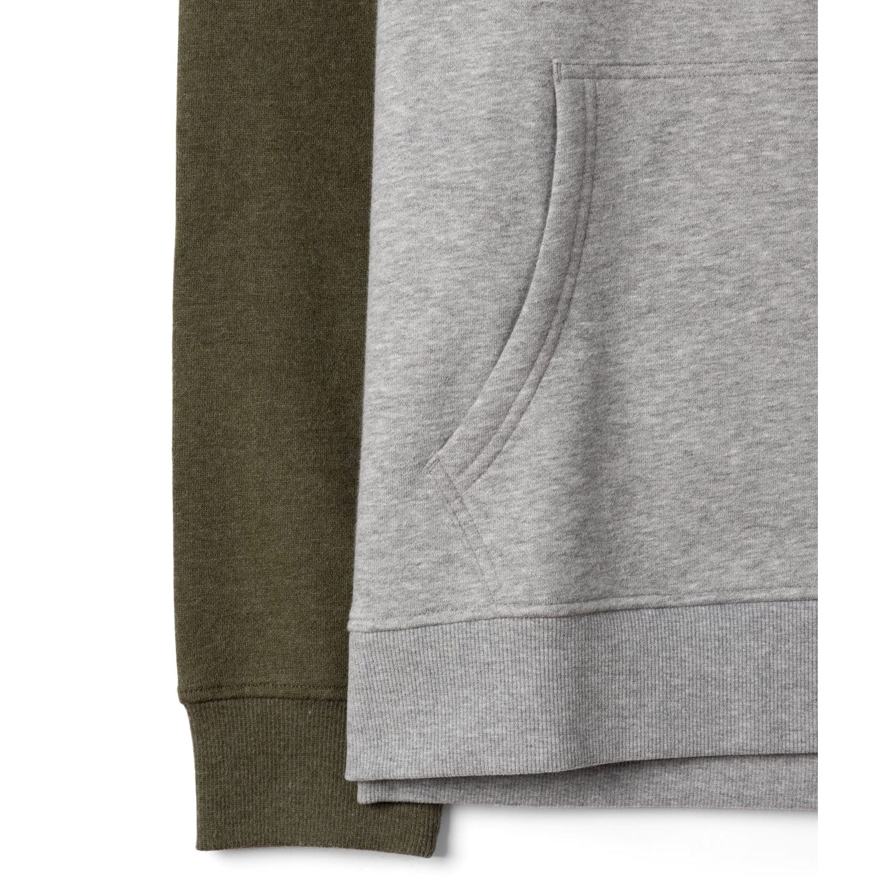 Close up of a mens Saltrock Pitcher pop hoodie in grey with dark green sleeves with a tummy pocket and elastic cuffs