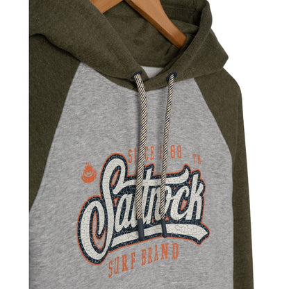 Mens Pitcher pop hoodie in grey and dark green with 'Saltrock Surf Brand' logo print on the chest a white background