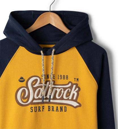 Navy and yellow mens Saltrock Pitcher raglan hoodie with 'Saltrock Surf Brand' print on the chest logo on a hanger.