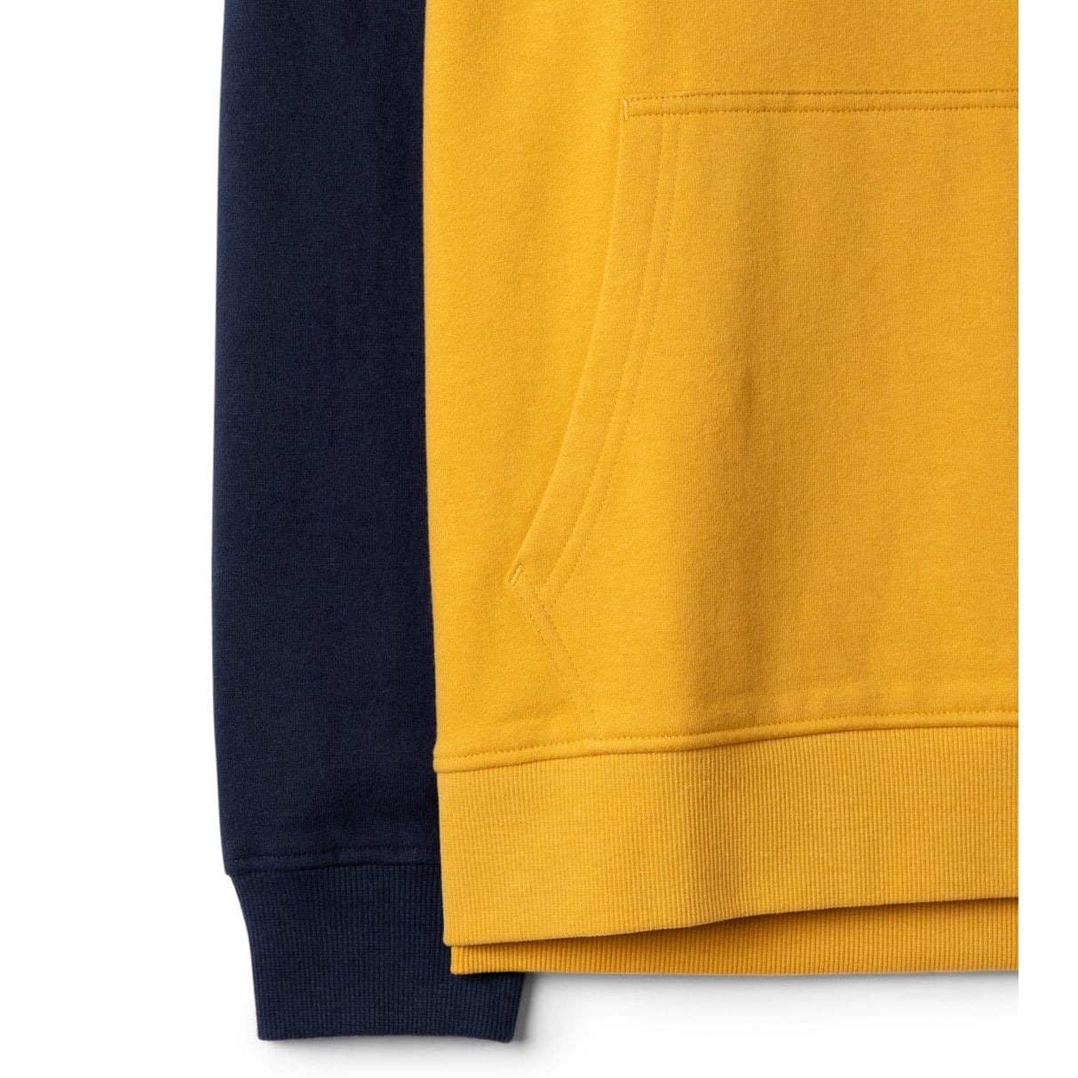Close-up of a mens Saltrock navy and gold yellow Pitcher pop hoodie sleeve and front pocket on a white background