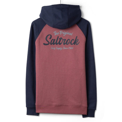 Back view of a mens Saltrock Postcard Script raglan pop hoodie in dark pink with navy blue sleeves and hood and large logo print