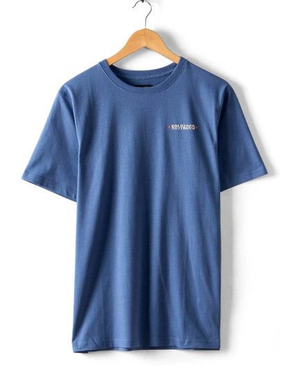 Saltrock mens t-shirt blue hanging on a hook with a simple design