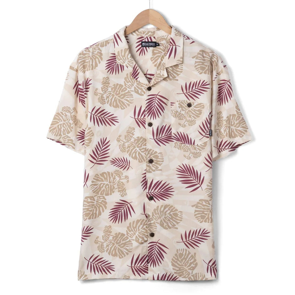 Front view of a mens Saltrock short sleeve Warp Surf Resort shirt in cream with a dark red and tan tropical leaves print