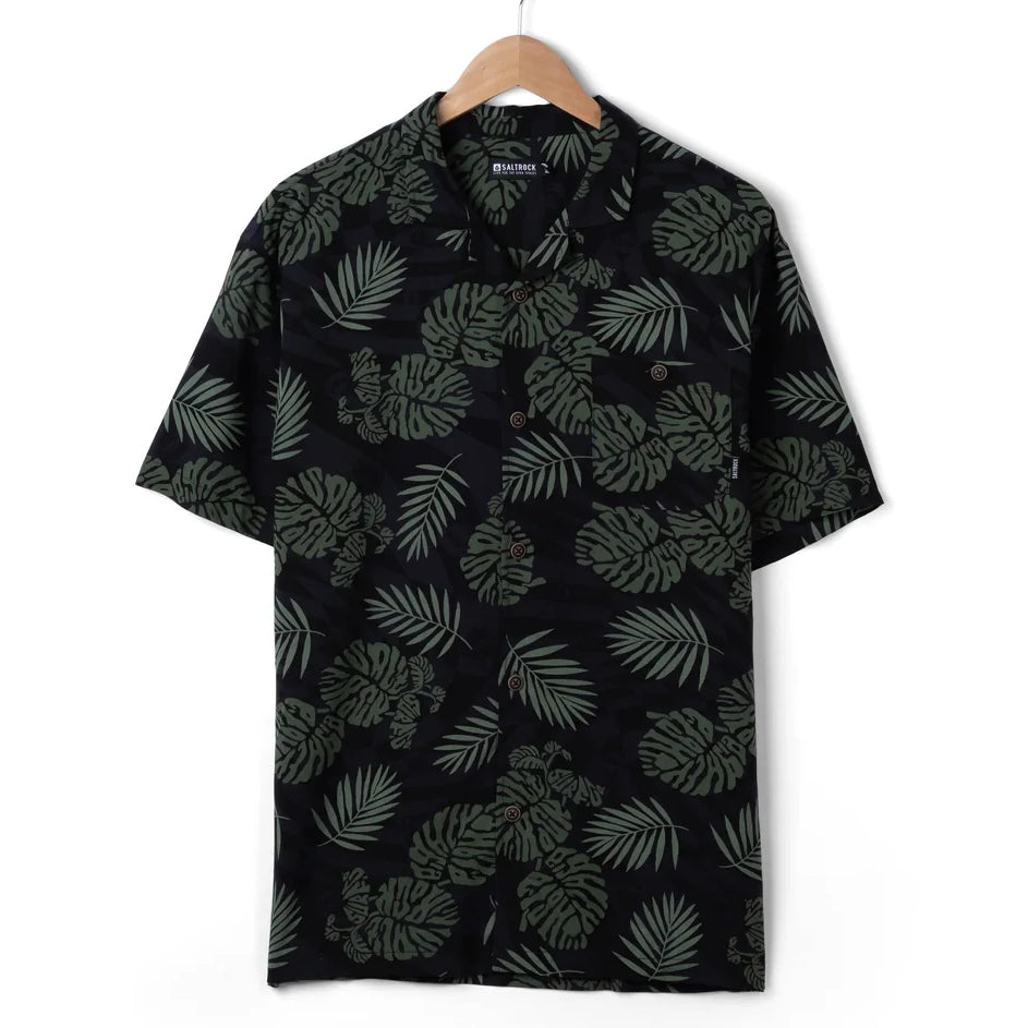 Front view of a mens Saltrock short sleeve Warp Surf Resort shirt in dark grey with a geometric and green tropical leaf print.