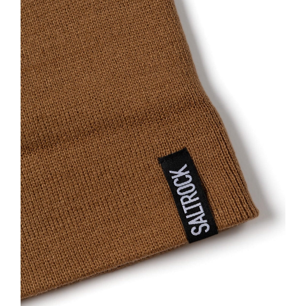 Brown knit beanie with 'Saltrock' label on a white background