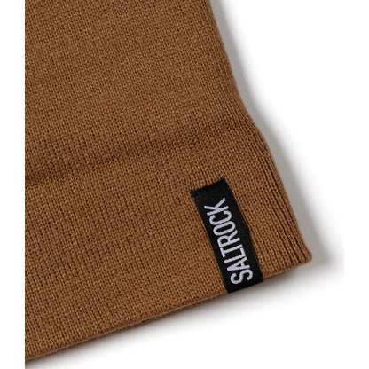 Brown knit beanie with 'Saltrock' label on a white background