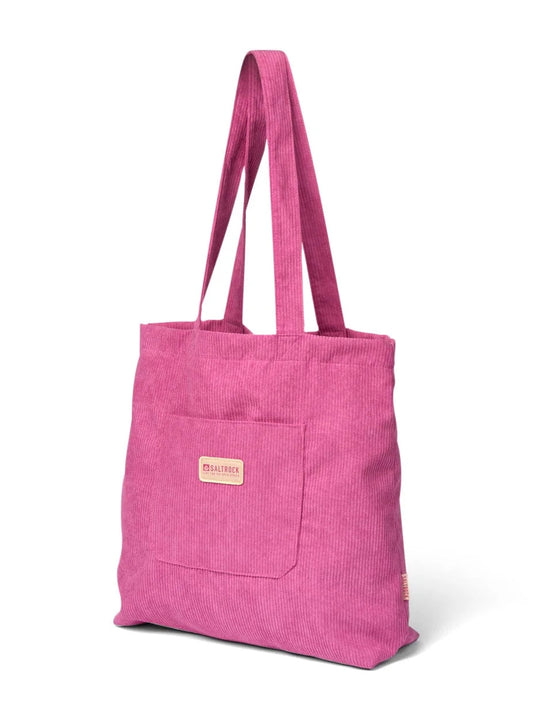 Front view of a Saltrock pink corduroy shopper bag with front pocket and long handles for everyday use