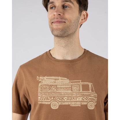 Close-up view of the Trail Bus surf print design on the chest of a mens Saltrock short sleeve t-shirt in brown 