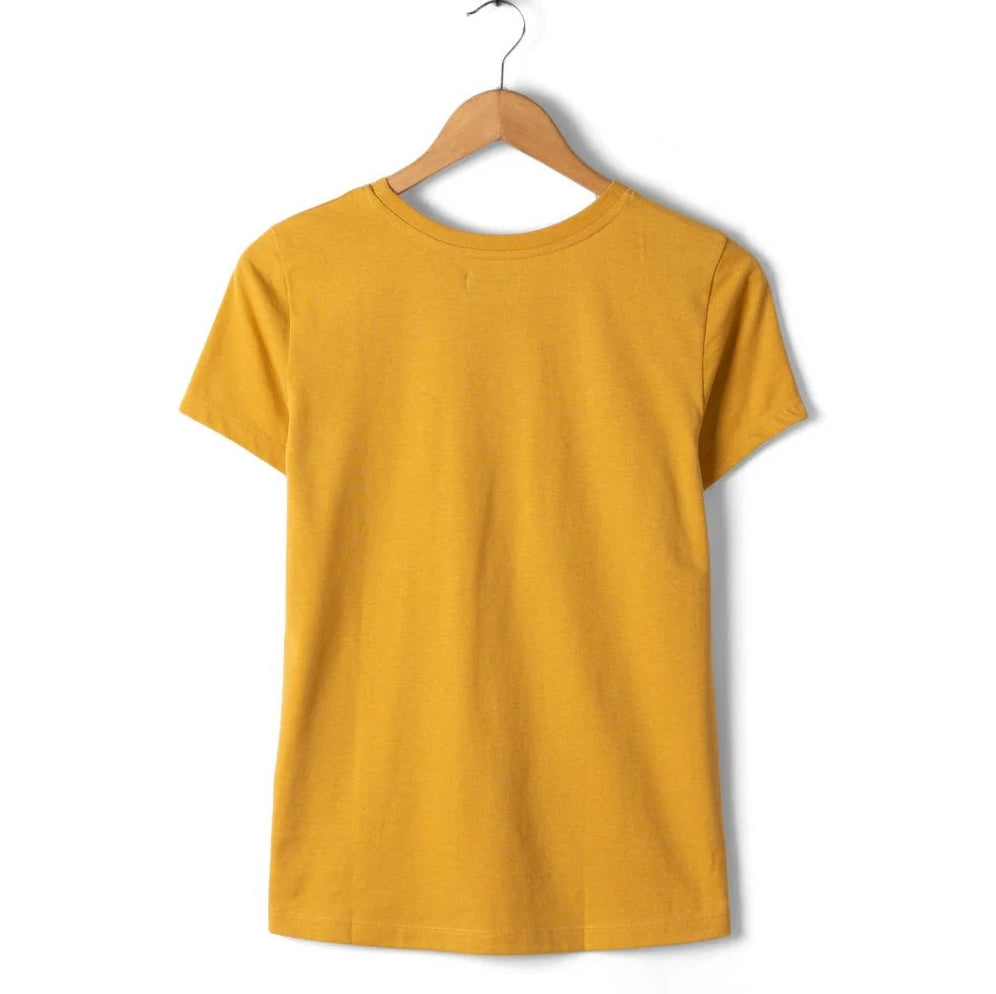 Saltrock womens Velator t-shirt in gold yellow back view short sleeve crew neck on wooden hanger