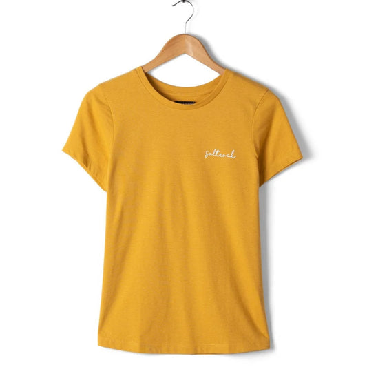 Saltrock womens Velator t-shirt in gold yellow crew neck women tee with small chest logo on wooden hanger