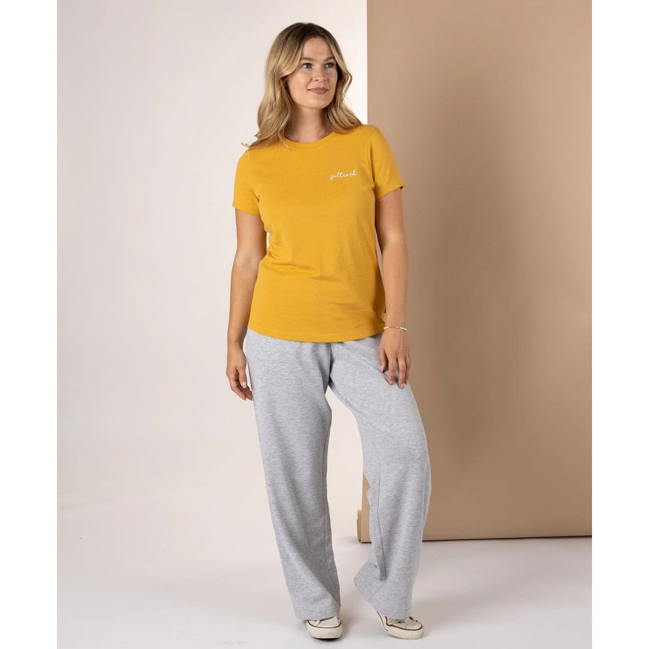 Saltrock womens Velator t-shirt in gold yellow on model short sleeve crew neck cotton casual fit